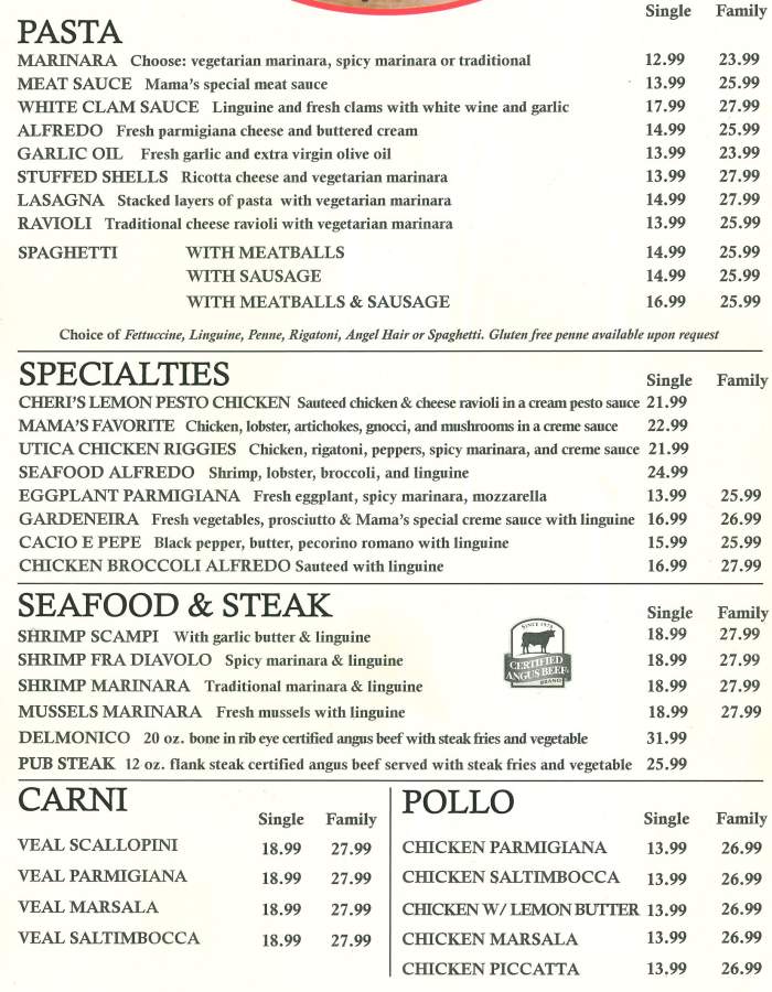 Page 2 of menu, Mama Lucia's Potsdam, NY